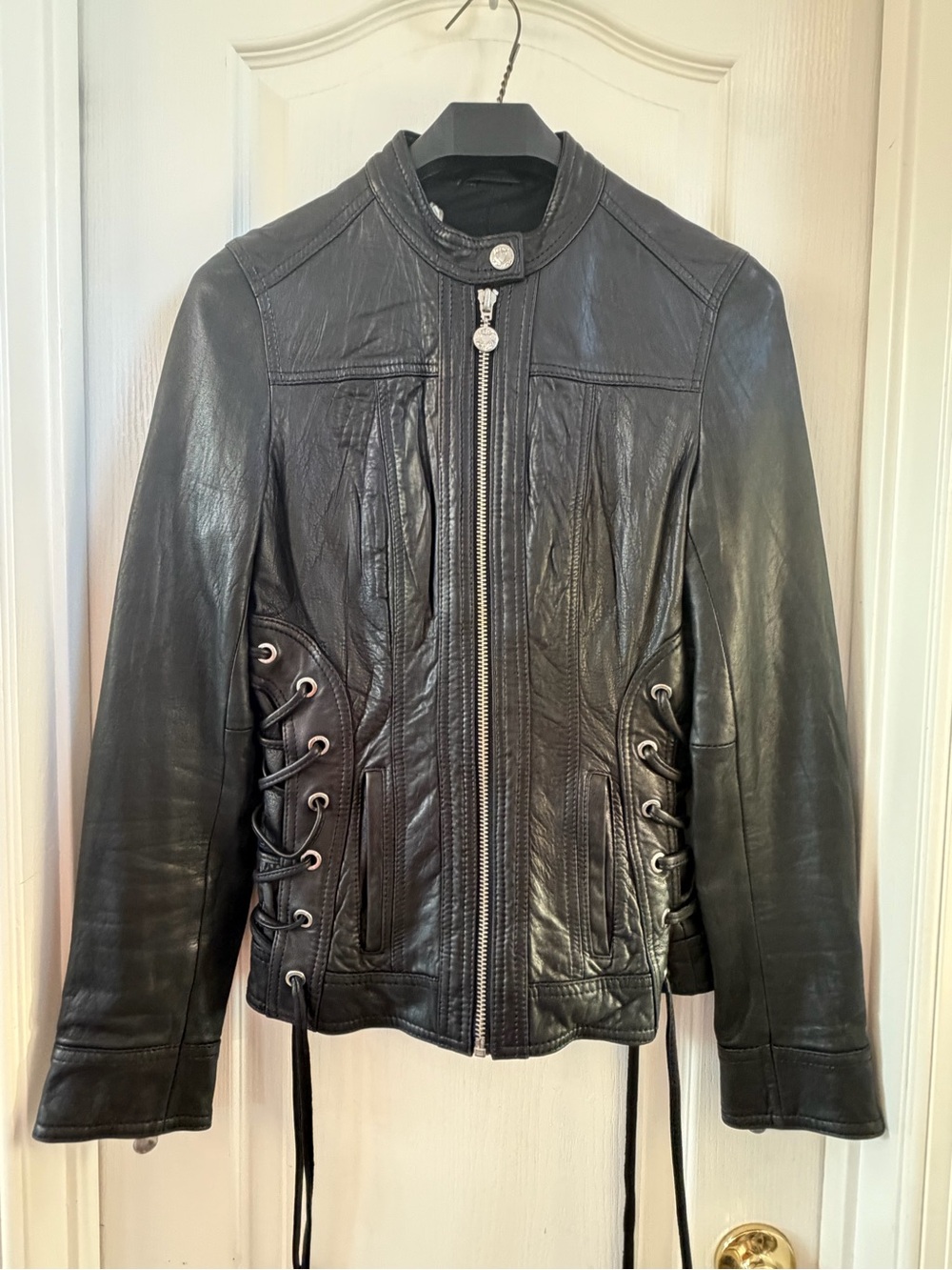 Vintage Betsey Johnson Black Leather Lace-Up Side Moto Jacket